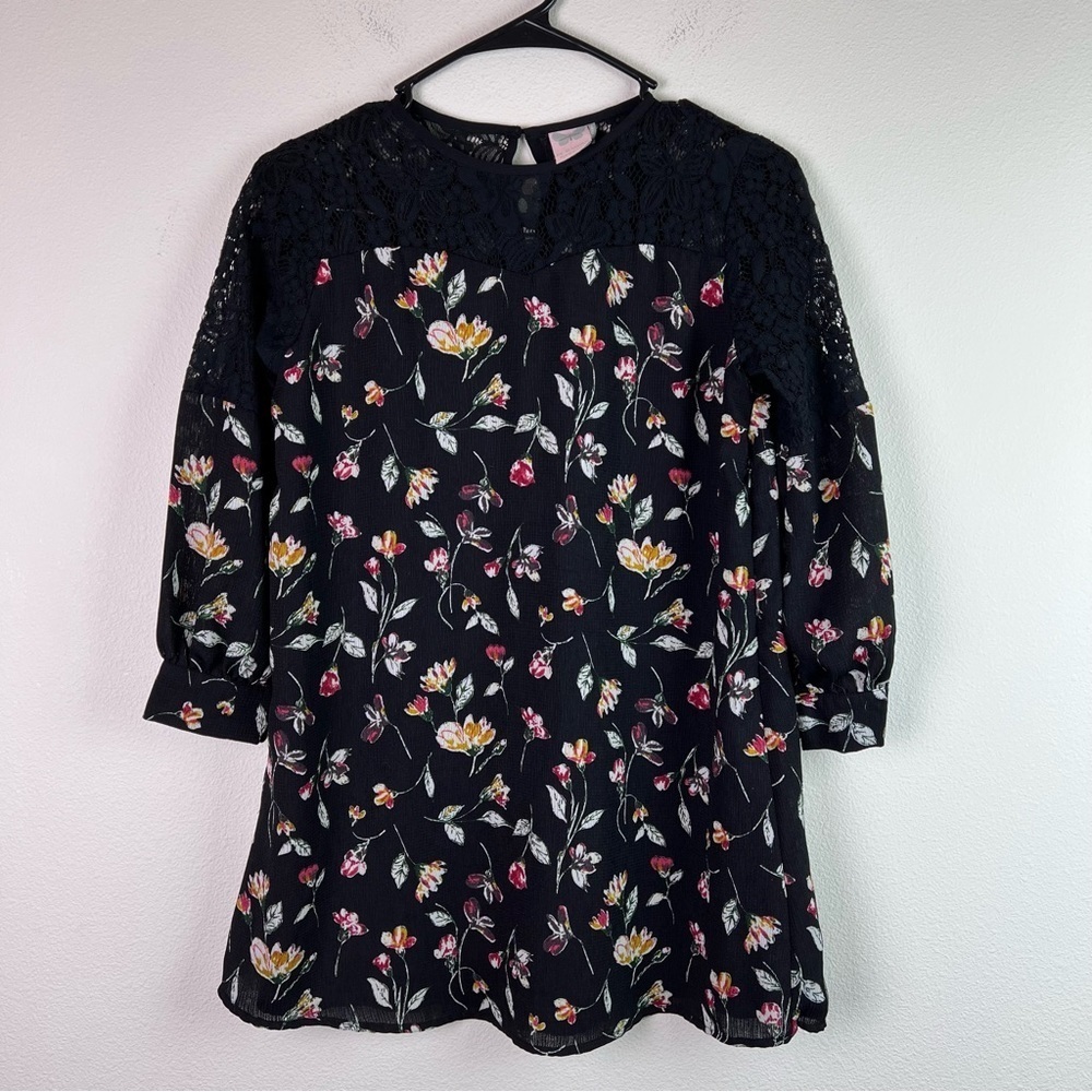 Paper Crane For all Seasons Kids Dress Size XL Floral Print‎ Black Lace Sleeve